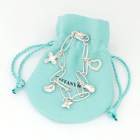 Tiffany & Co. Dove Teardrop Bean Heart Bracelet 6.7" Silver 925 Auth w/Bag